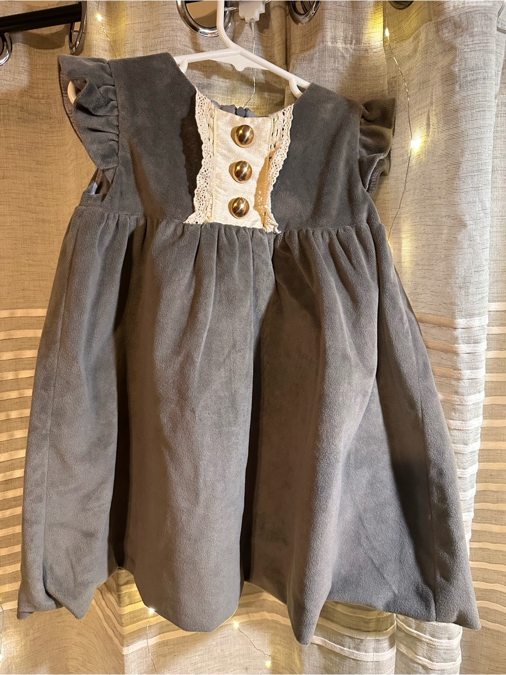 Girls' Velvet Dress with Lace Placket and Gold Buttons - Grey